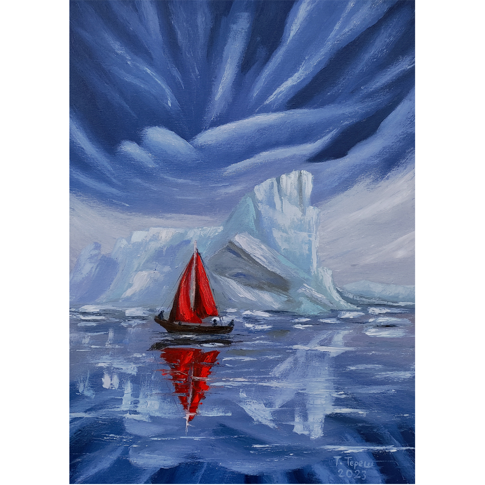 "A sailboat in the cold water of the Artic"