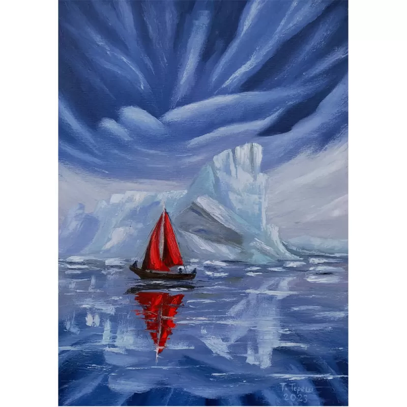"A sailboat in the cold water of the Artic"
